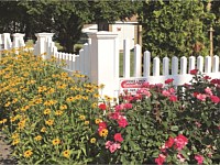 <b>White vinyl picket fence with pointed picket cap and concave dip</b>